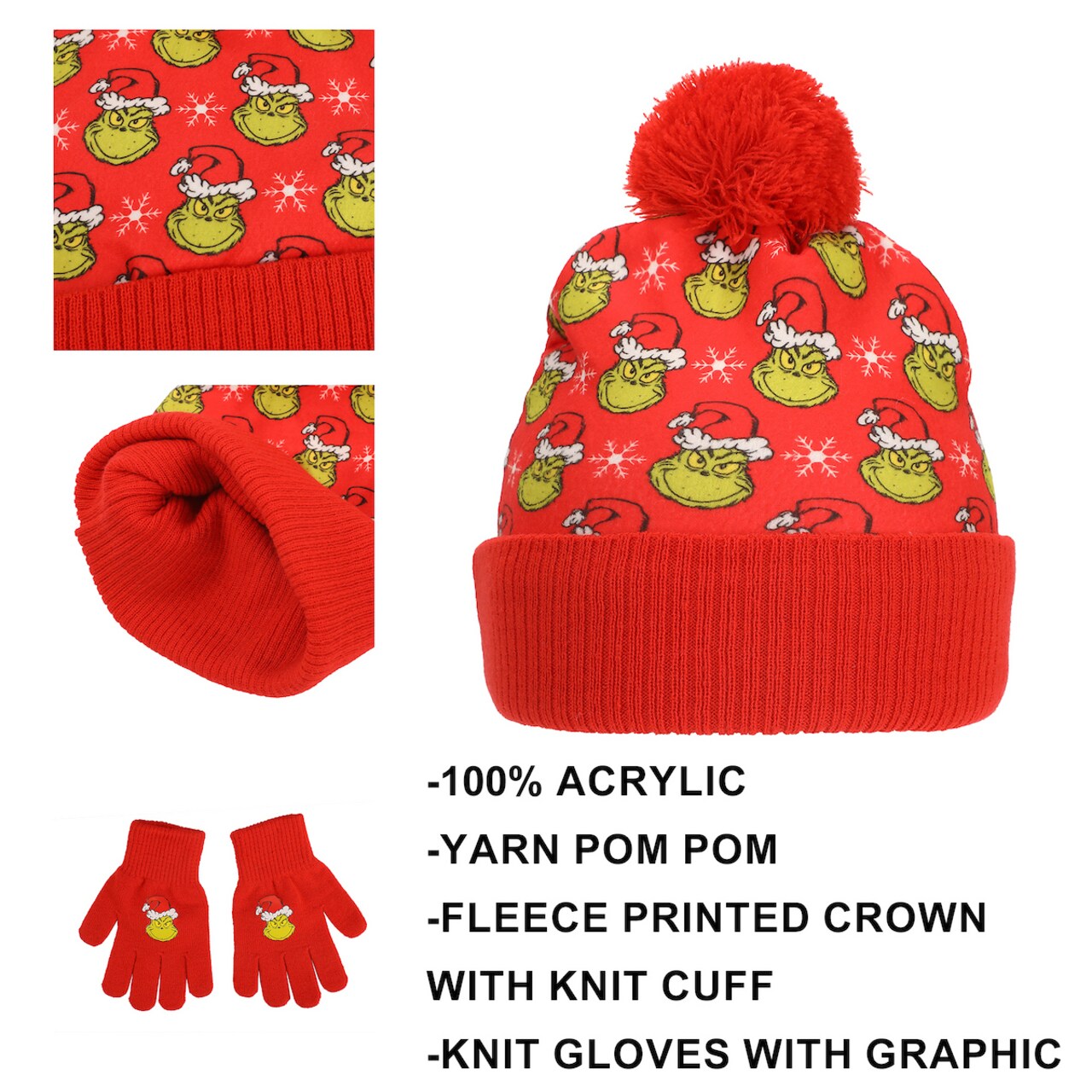 The Grinch All-Over Character Print Youth 2-Piece Knit Beanie & Gloves Set